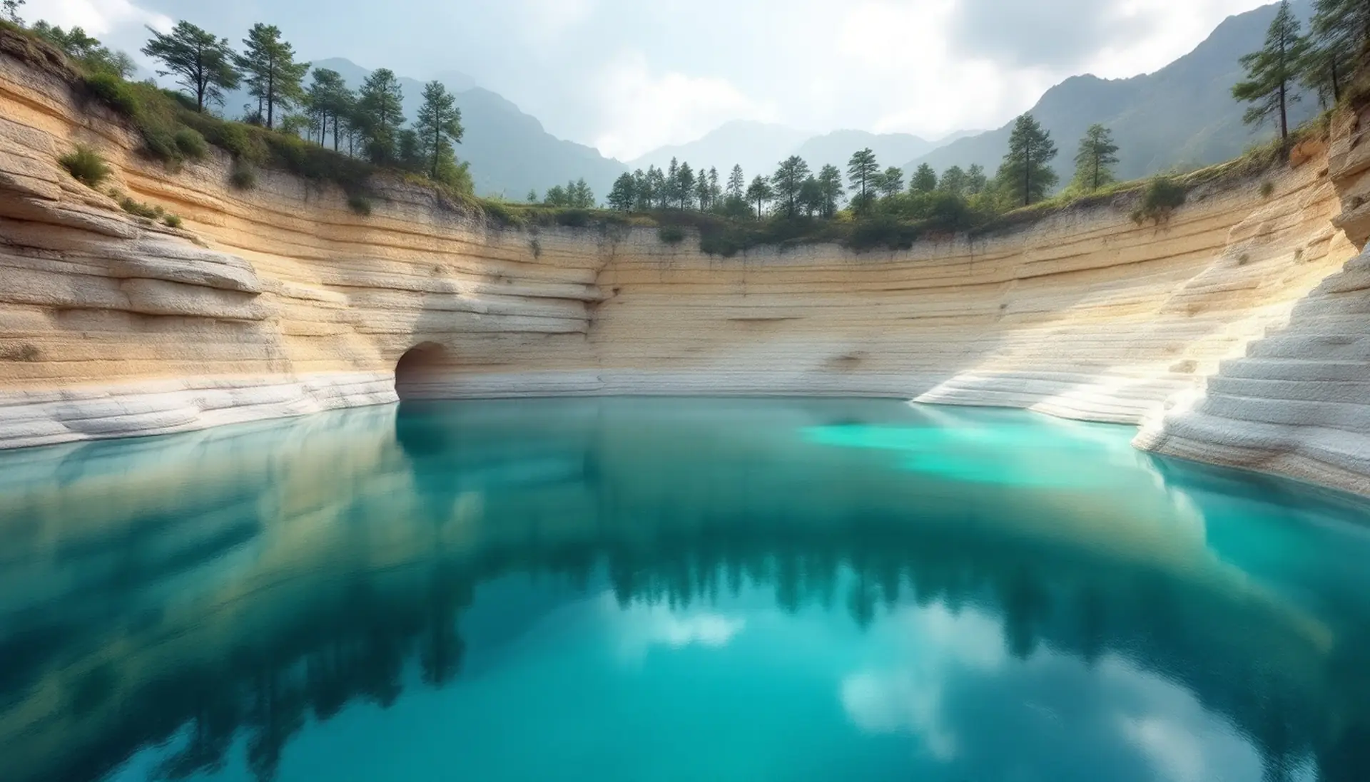 An old flooded stone quarry with still turquoise water below pale stepped rock walls, QuarryProtect personal loan requests $100 to $5,000
